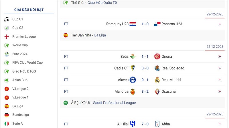 Kết quả thi đấu cập nhật từ các giải đấu hàng đầu